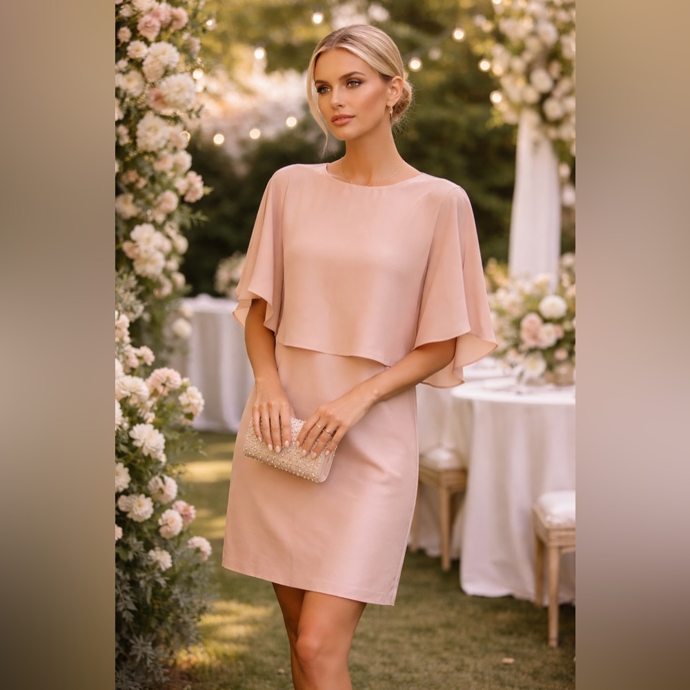 Tibi 100% Silk Blush Cape Dress Size 6 Minimalist Designer Shift Easter spring - Picture 2 of 11